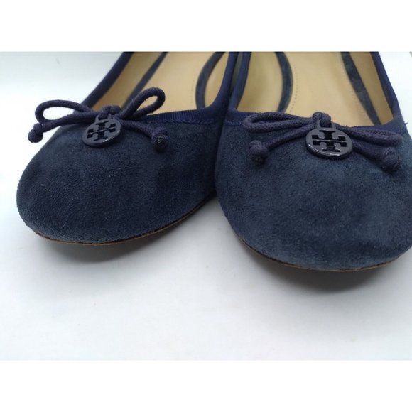 Tory Burch Blue Leather Suede Chelsea Wedge Heels Bow Logo Round Toe 7M - Picture 2 of 15